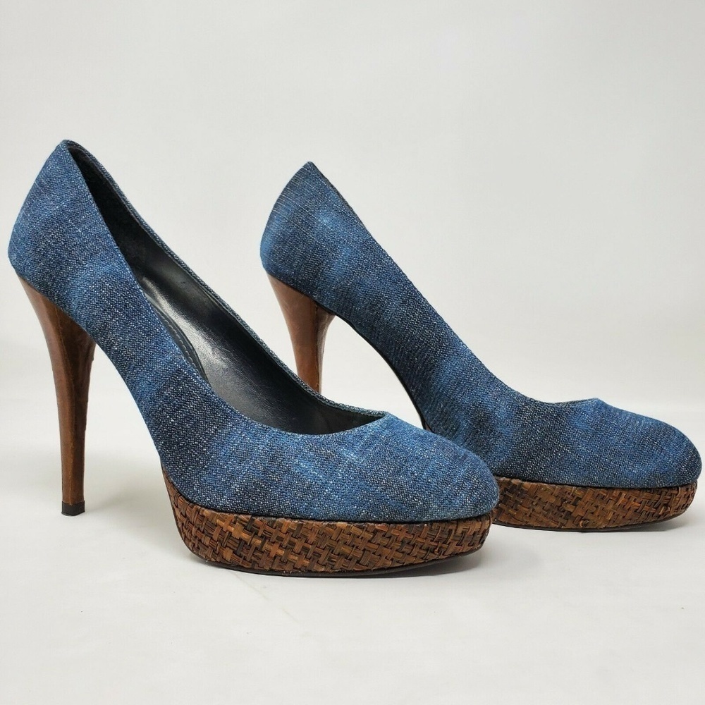 Stuart Weitzman Denim Blue Platform Pumps with Brown Wood Heel